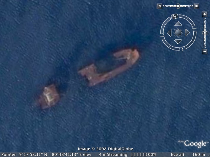 Google Earth screen shot of a wrecked LTTE ship off Mullativu, Sri Lanka